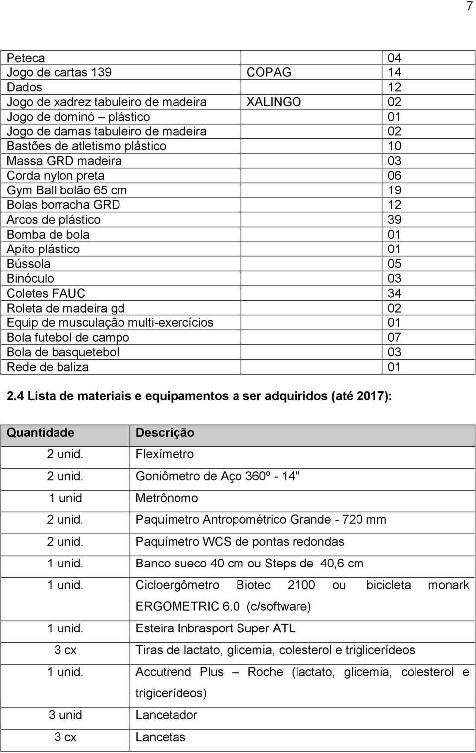 02 Equip de musculação multi-exercícios 01 Bola futebol de campo 07 Bola de basquetebol 03 Rede de baliza 01 2.