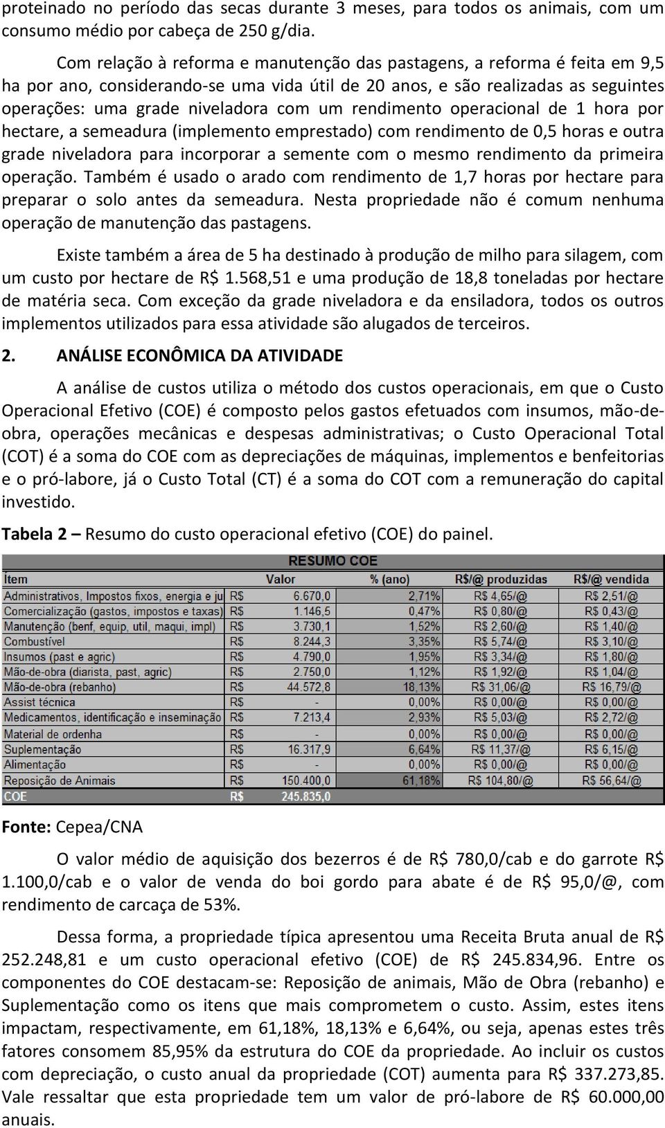 rendimento operacional de 1 hora por hectare, a semeadura (implemento emprestado) com rendimento de 0,5 horas e outra grade niveladora para incorporar a semente com o mesmo rendimento da primeira