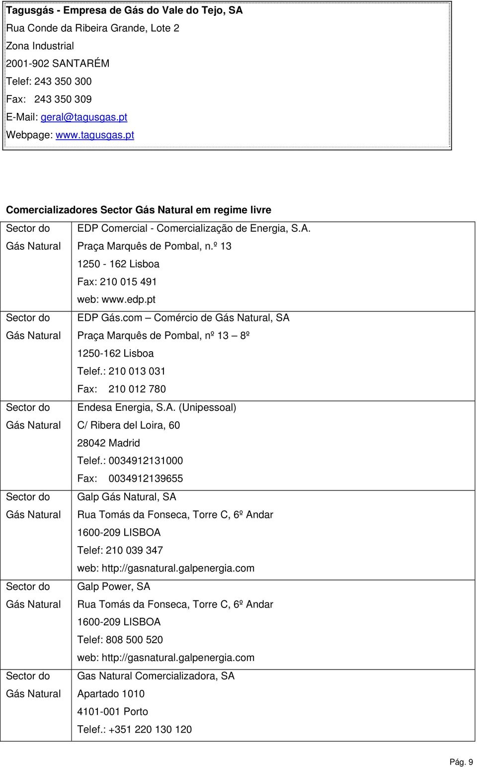 º 13 1250-162 Lisboa Fax: 210 015 491 web: www.edp.pt Sector do EDP Gás.com Comércio de Gás Natural, SA Gás Natural Praça Marquês de Pombal, nº 13 8º 1250-162 Lisboa Telef.