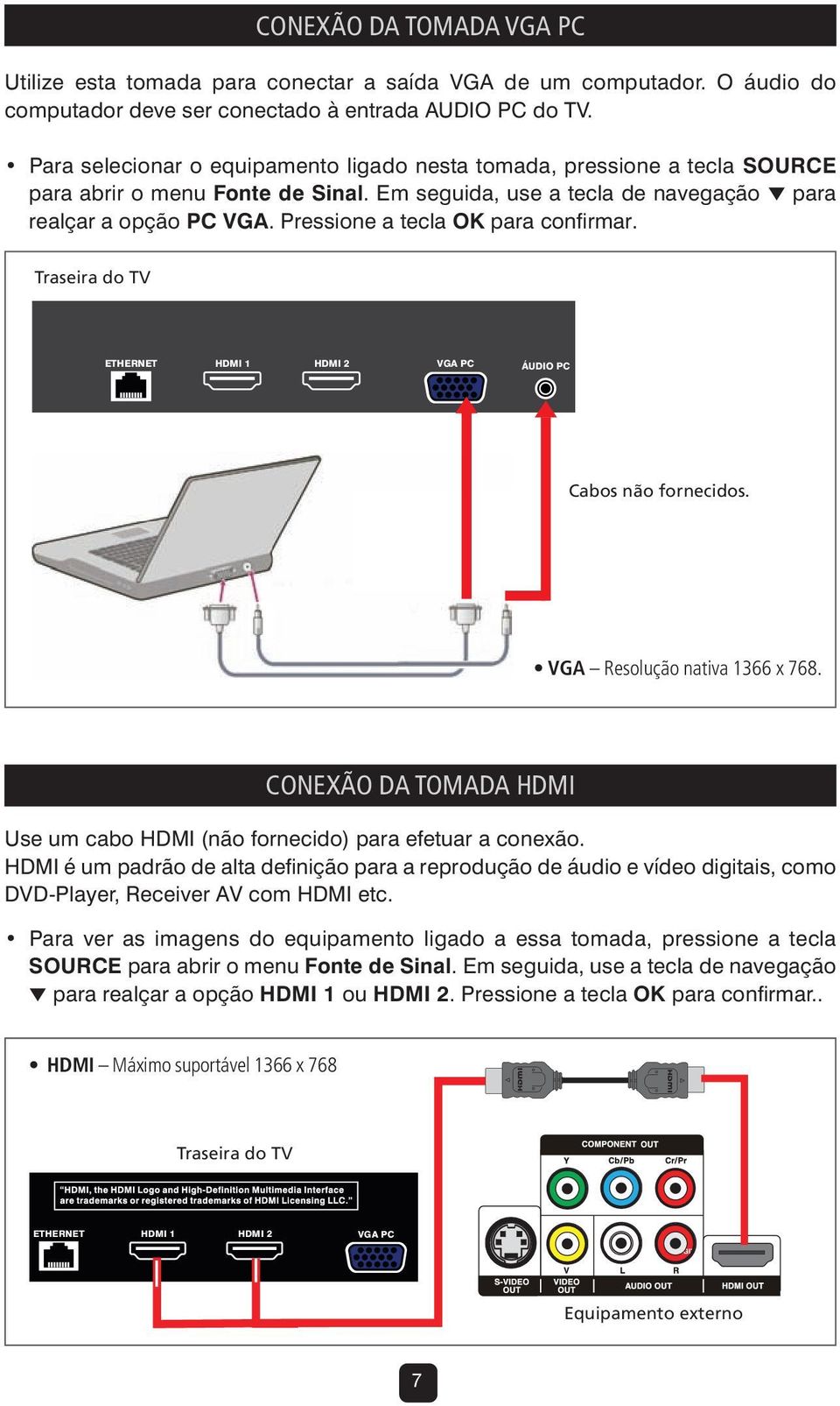 Pressione a tecla OK para confirmar. Traseira do TV ETHERNET HDMI 1 HDMI 2 VGA PC ÁUDIO PC Cabos não fornecidos. VGA Resolução nativa 1366 x 768.