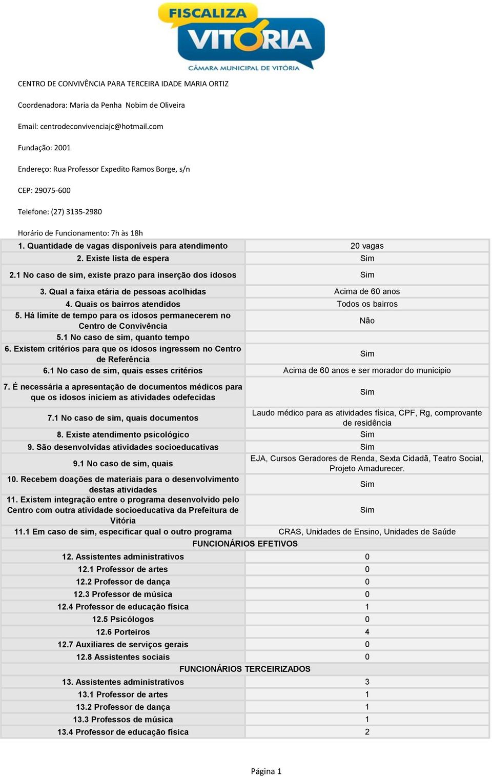 Quantidade de vagas disponíveis para atendimento 20 vagas 2. Existe lista de espera Sim 2.1 No caso de sim, existe prazo para inserção dos idosos Sim 3.