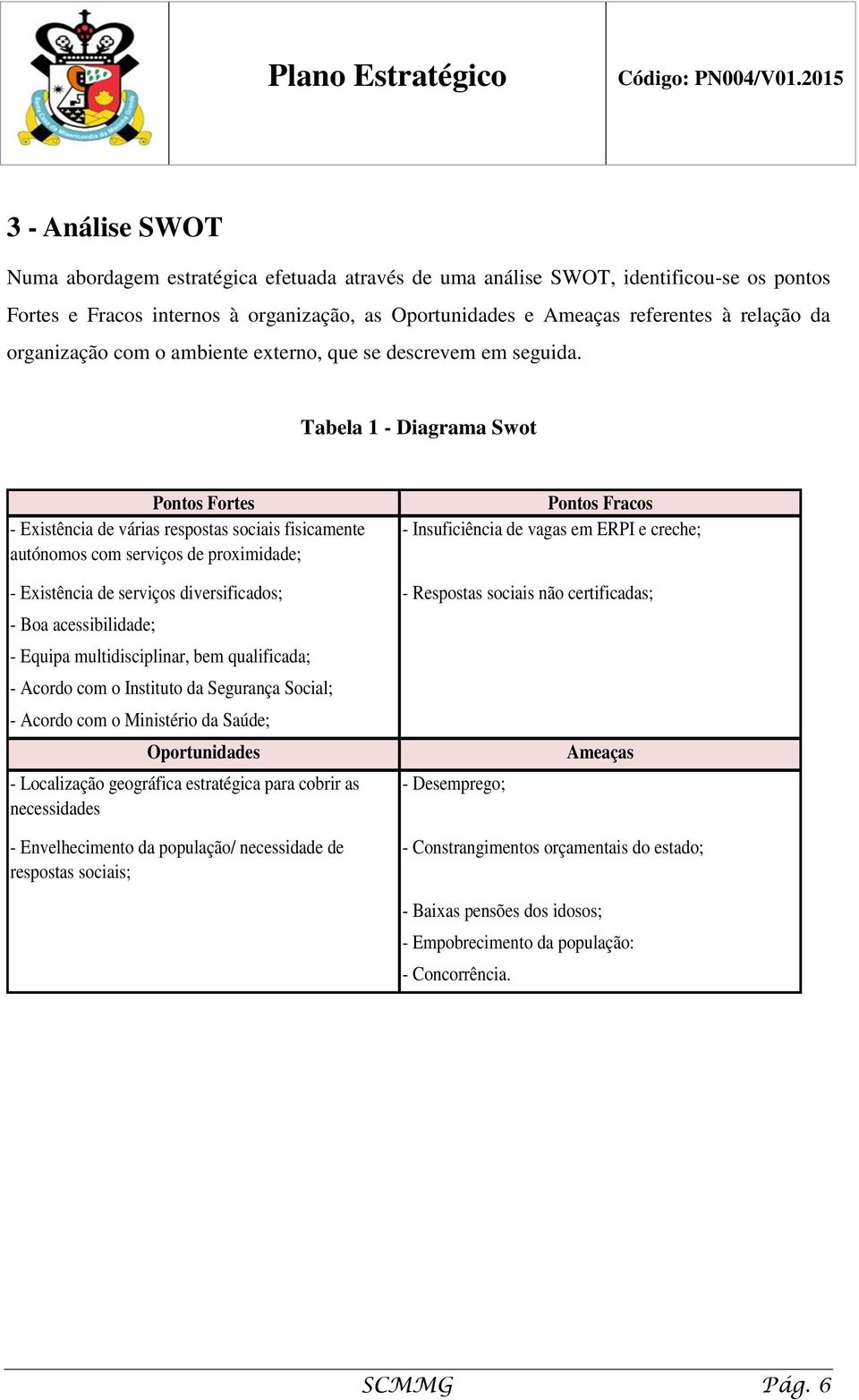 Tabela 1 - Diagrama Swot Pontos Fortes - Existência de várias respostas sociais fisicamente autónomos com serviços de proximidade; Pontos Fracos - Insuficiência de vagas em ERPI e creche; -