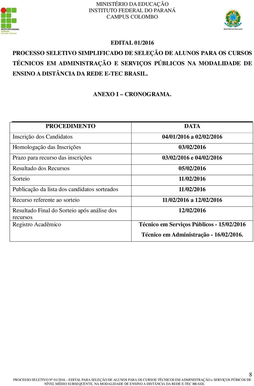 PROCEDIMENTO DATA Inscrição dos Candidatos 04/01/2016 a 02/02/2016 Homologação das Inscrições 03/02/2016 Prazo para recurso das inscrições 03/02/2016 e 04/02/2016 Resultado