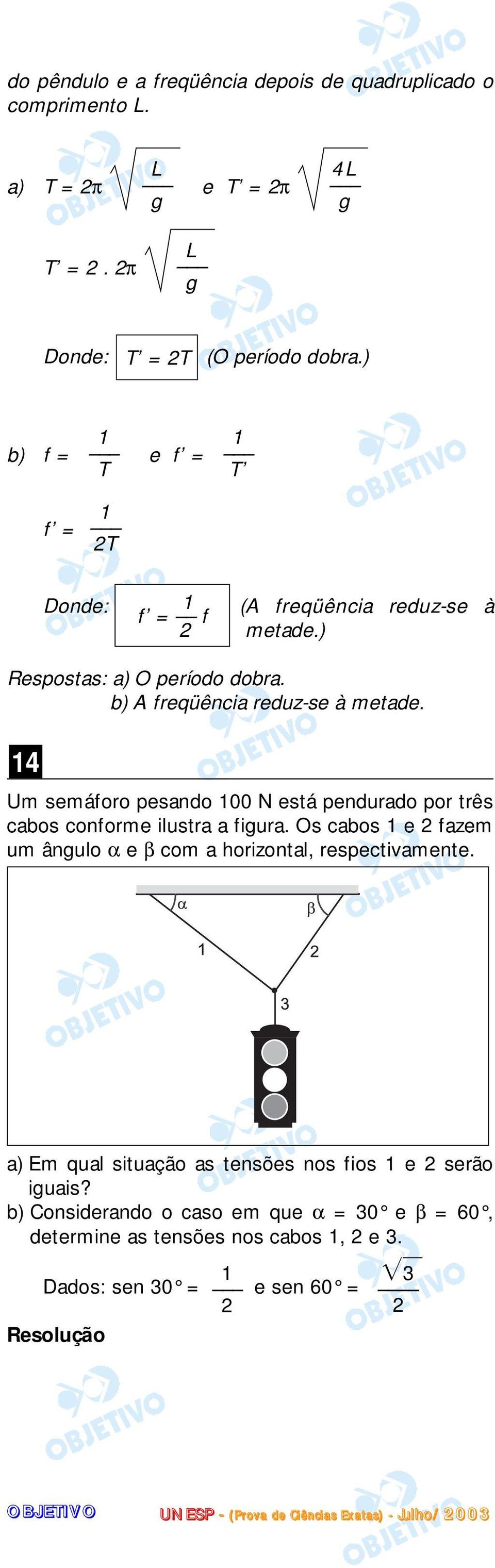 4 Um semáforo pesando 00 N está pendurado por três cabos conforme ilustra a figura. Os cabos e fazem um ângulo α e β com a horizontal, respectivamente.