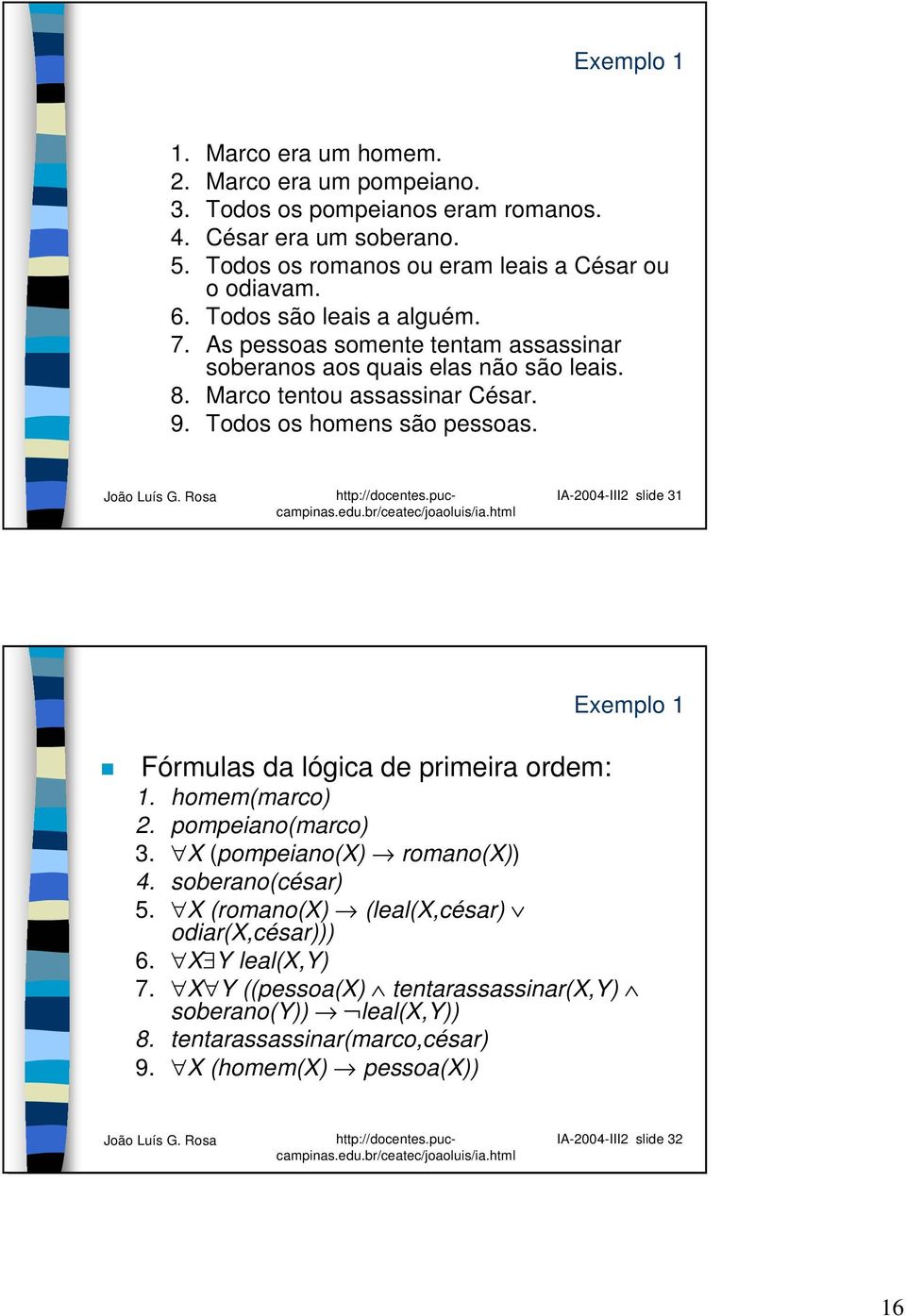 IA-2004-III2 slide 31 Exemplo 1 Fórmulas da lógica de primeira ordem: 1. homem(marco) 2. pompeiano(marco) 3. X (pompeiano(x) romano(x)) 4. soberano(césar) 5.