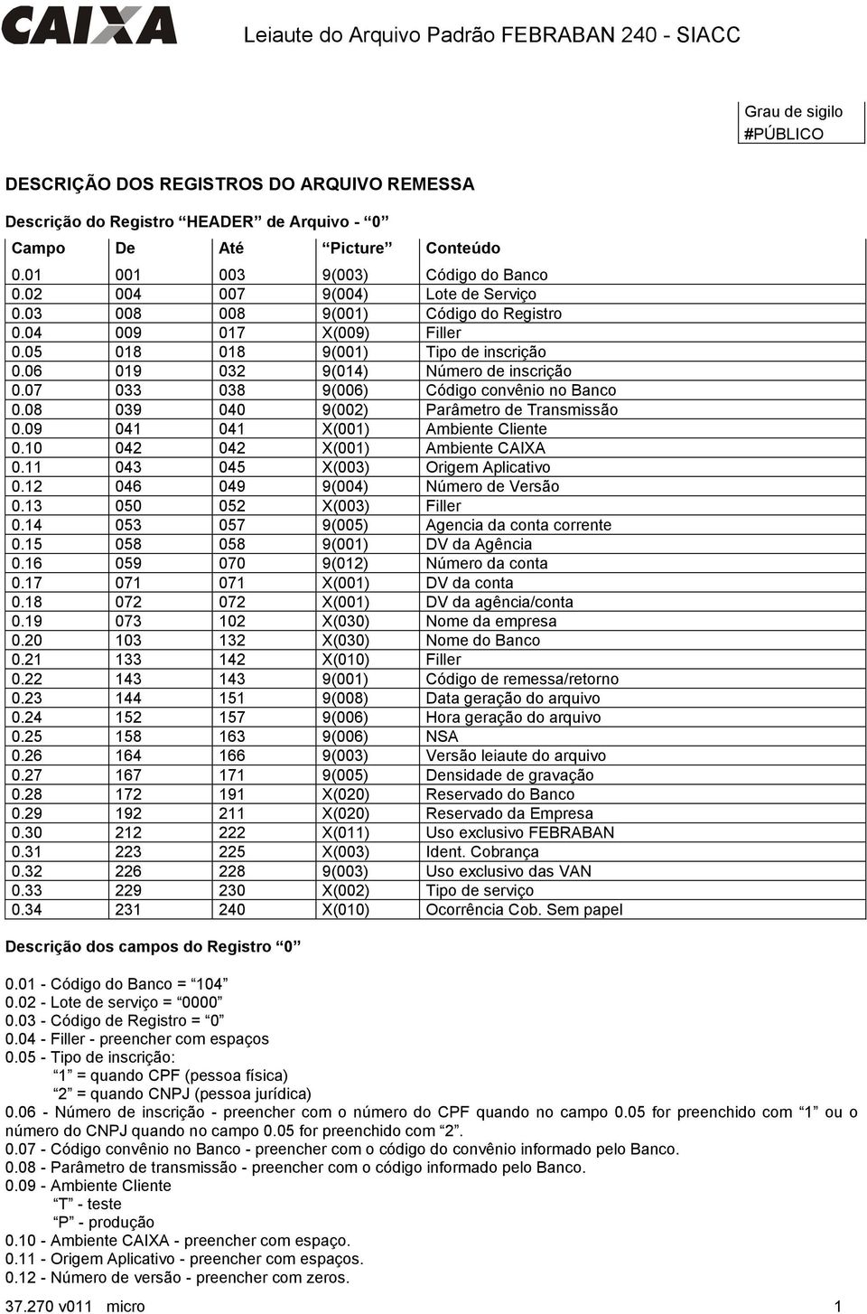 07 033 038 9(006) Código convênio no Banco 0.08 039 040 9(002) Parâmetro de Transmissão 0.09 041 041 X(001) Ambiente Cliente 0.10 042 042 X(001) Ambiente CAIXA 0.11 043 045 X(003) Origem Aplicativo 0.