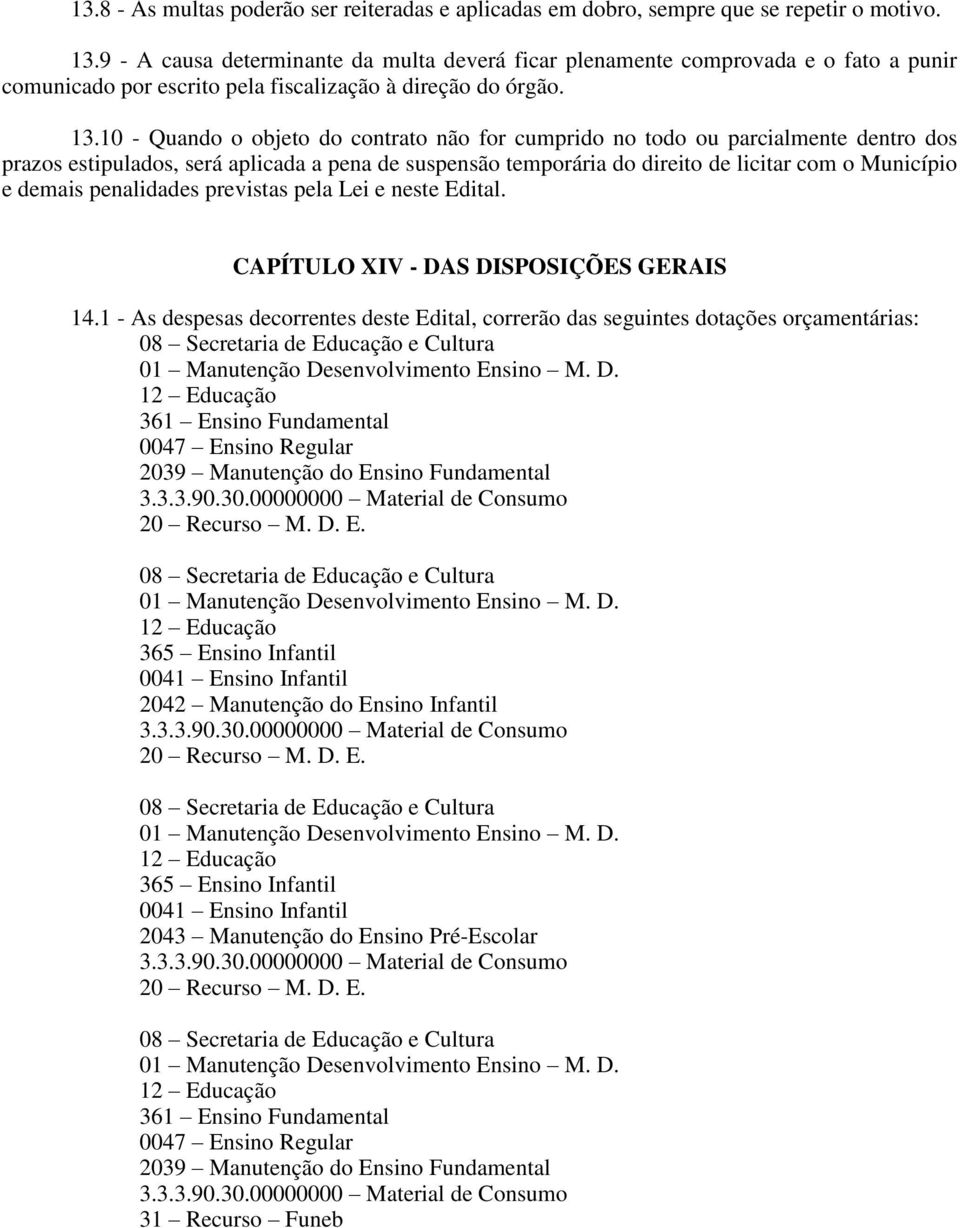 10 - Quando o objeto do contrato não for cumprido no todo ou parcialmente dentro dos prazos estipulados, será aplicada a pena de suspensão temporária do direito de licitar com o Município e demais