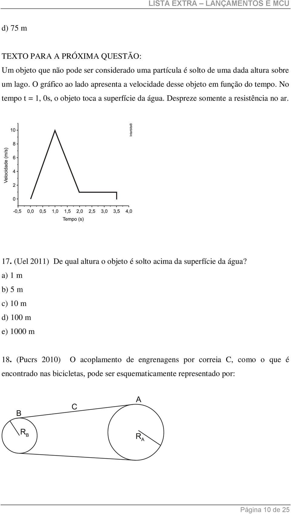 Despreze somente a resistência no ar. 17. (Uel 011) De qual altura o objeto é solto acima da superfície da água?