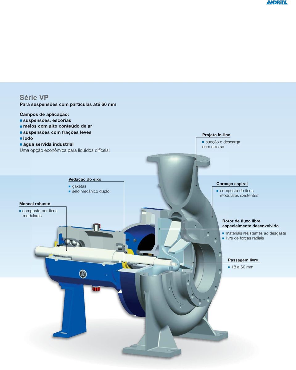 Projeto in-line sucção e descarga num eixo só Mancal robusto composto por itens modulares Vedação do eixo gaxetas selo mecânico duplo