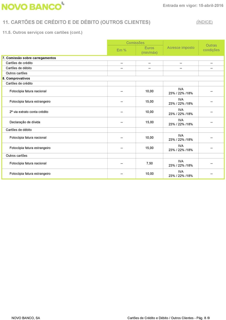 fatura estrangeiro 15,00 2ª via extrato conta crédito 10,00 Declaração de dívida 15,00 Cartões de débito Fotocópia fatura nacional 10,00