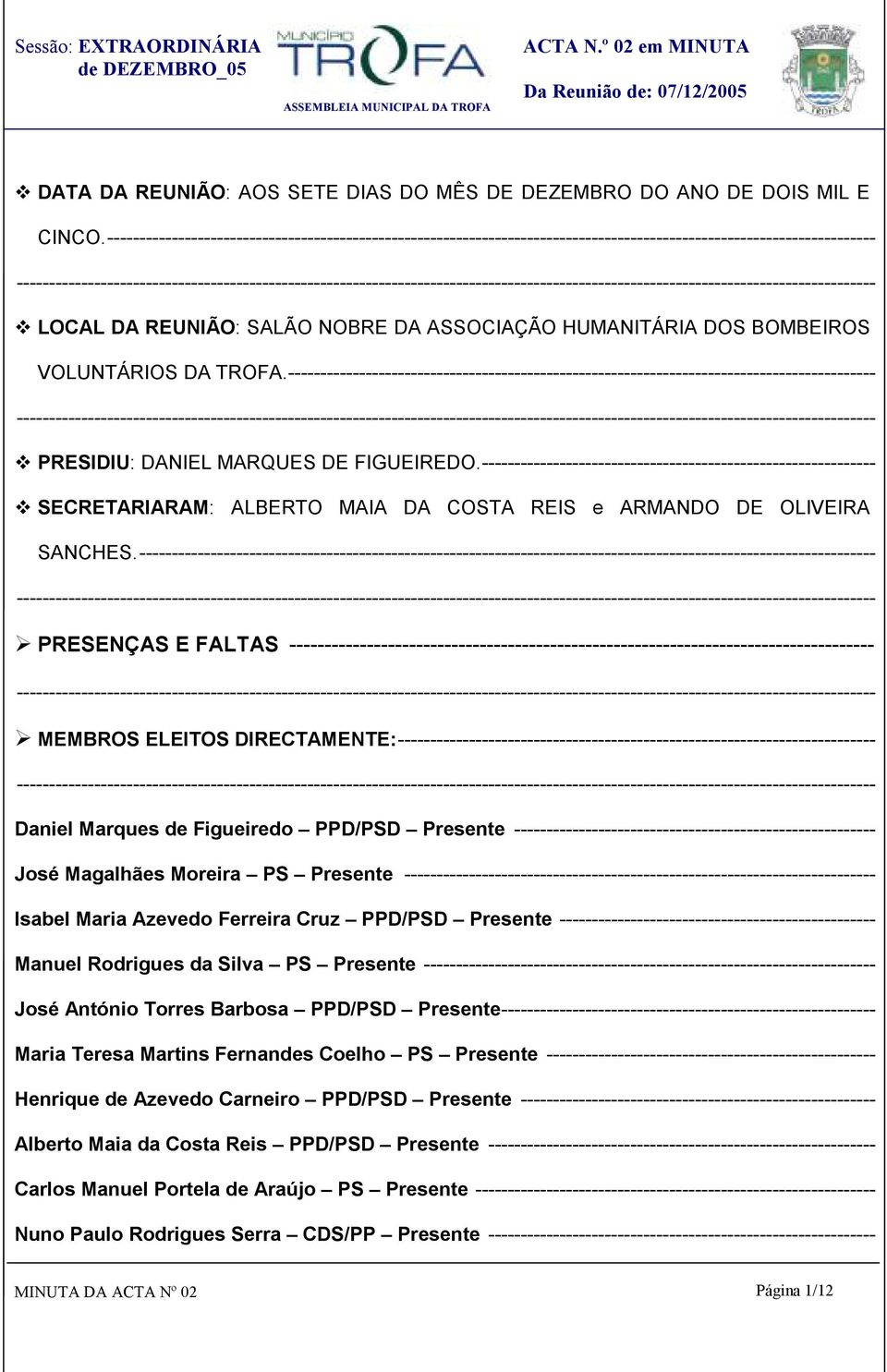 VOLUNTÁRIOS DA TROFA.------------------------------------------------------------------------------------------- PRESIDIU: DANIEL MARQUES DE FIGUEIREDO.