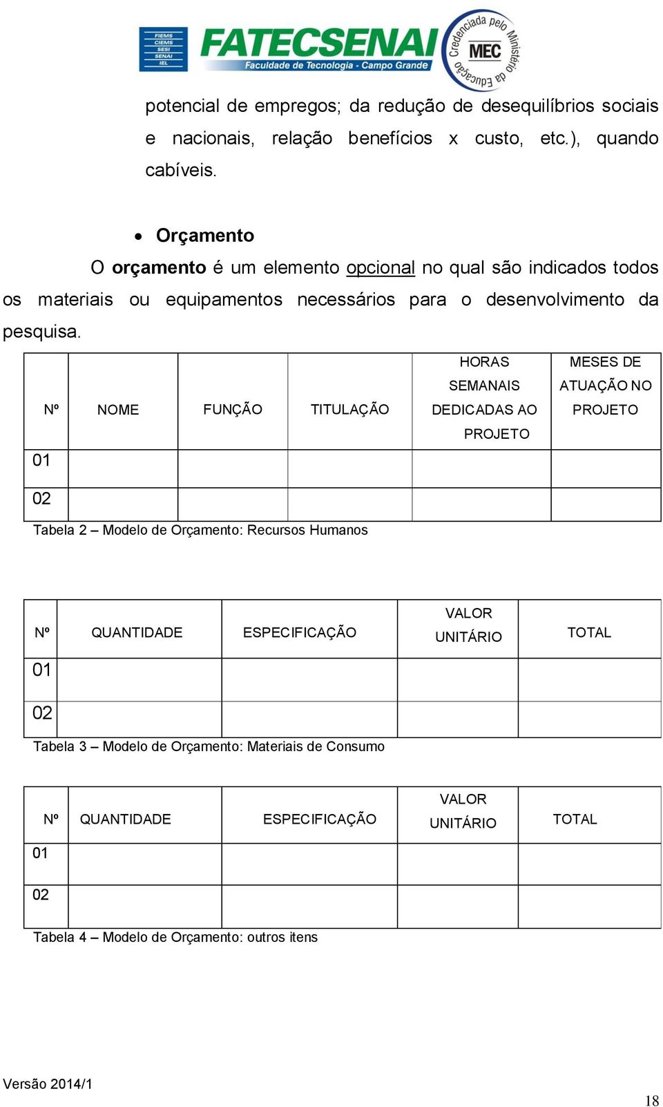 Nº NOME FUNÇÃO TITULAÇÃO HORAS SEMANAIS DEDICADAS AO PROJETO MESES DE ATUAÇÃO NO PROJETO 01 02 Tabela 2 Modelo de Orçamento: Recursos Humanos Nº QUANTIDADE