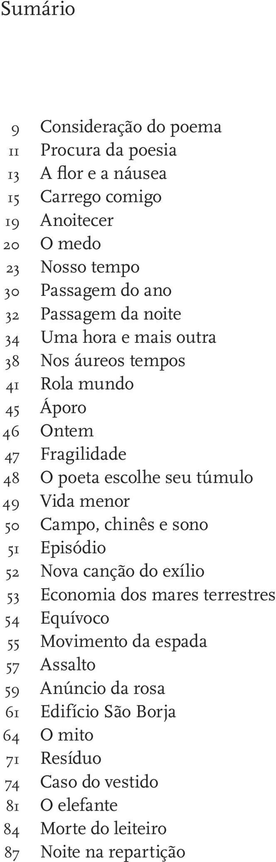 túmulo 49 Vida menor 50 Campo, chinês e sono 51 Episódio 52 Nova canção do exílio 53 Economia dos mares terrestres 54 Equívoco 55 Movimento da