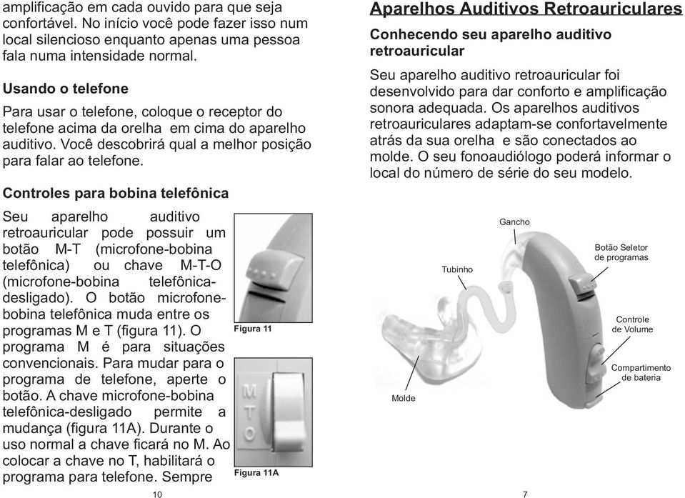 Cntrles para bbina telefônica Seu aparelh auditiv retrauricular pde pssuir um btã M-T (micrfne-bbina telefônica) u chave M-T-O (micrfne-bbina telefônicadesligad).