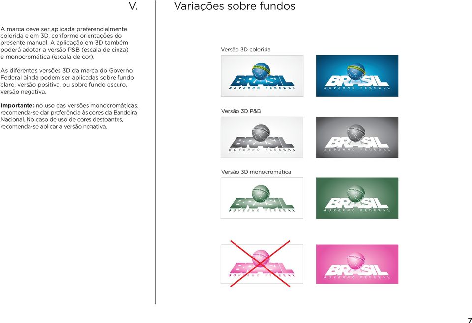 Versão 3D colorida As diferentes versões 3D da marca do Governo Federal ainda podem ser aplicadas sobre fundo claro, versão positiva, ou sobre fundo escuro, versão negativa.