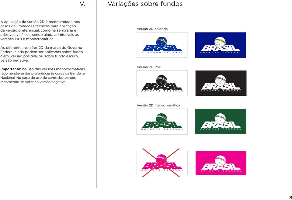 Versão 2D colorida As diferentes versões 2D da marca do Governo Federal ainda podem ser aplicadas sobre fundo claro, versão positiva, ou sobre fundo escuro, versão negativa.