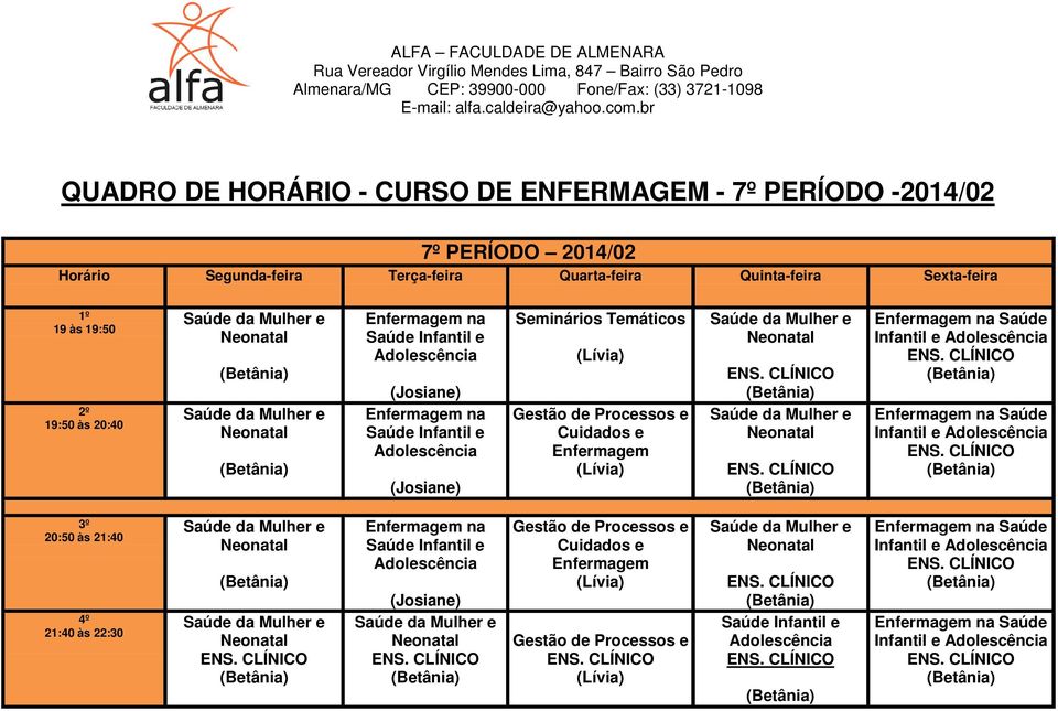 (Josiane) Enfermagem na Saúde Infantil e Adolescência (Josiane) Seminários Temáticos (Lívia) Gestão de Processos e Cuidados e Enfermagem (Lívia) Enfermagem na Saúde Infantil e Adolescência