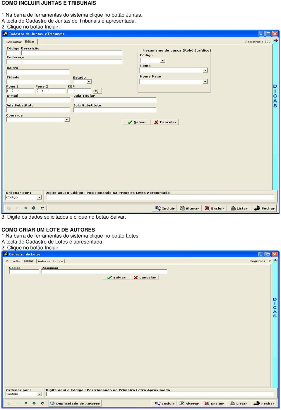 Digite os dados solicitados e clique no botão Salvar. COMO CRIAR UM LOTE DE AUTORES 1.