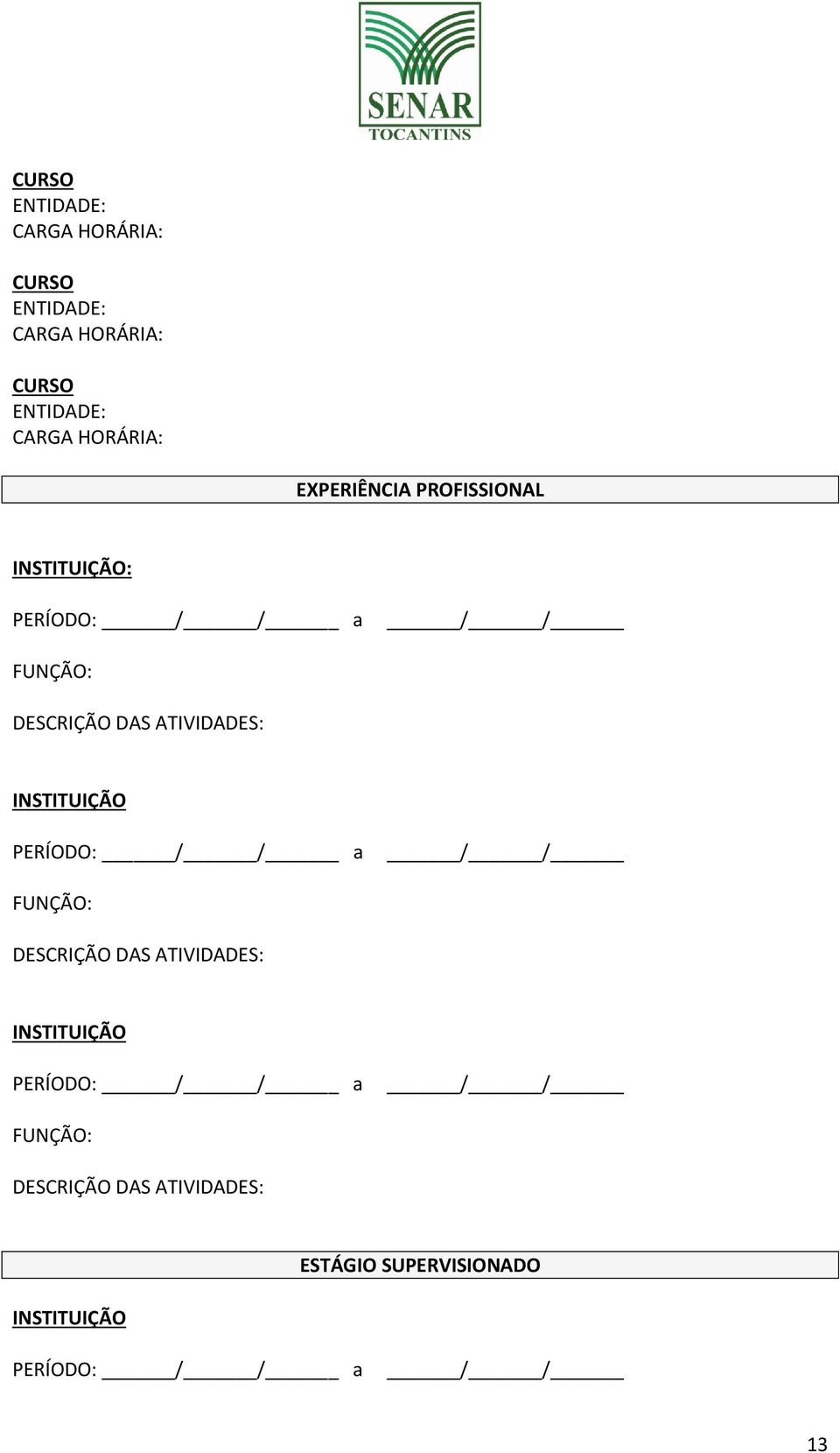 INSTITUIÇÃO PERÍODO: / / a / / FUNÇÃO: DESCRIÇÃO DAS ATIVIDADES: INSTITUIÇÃO PERÍODO: / / a