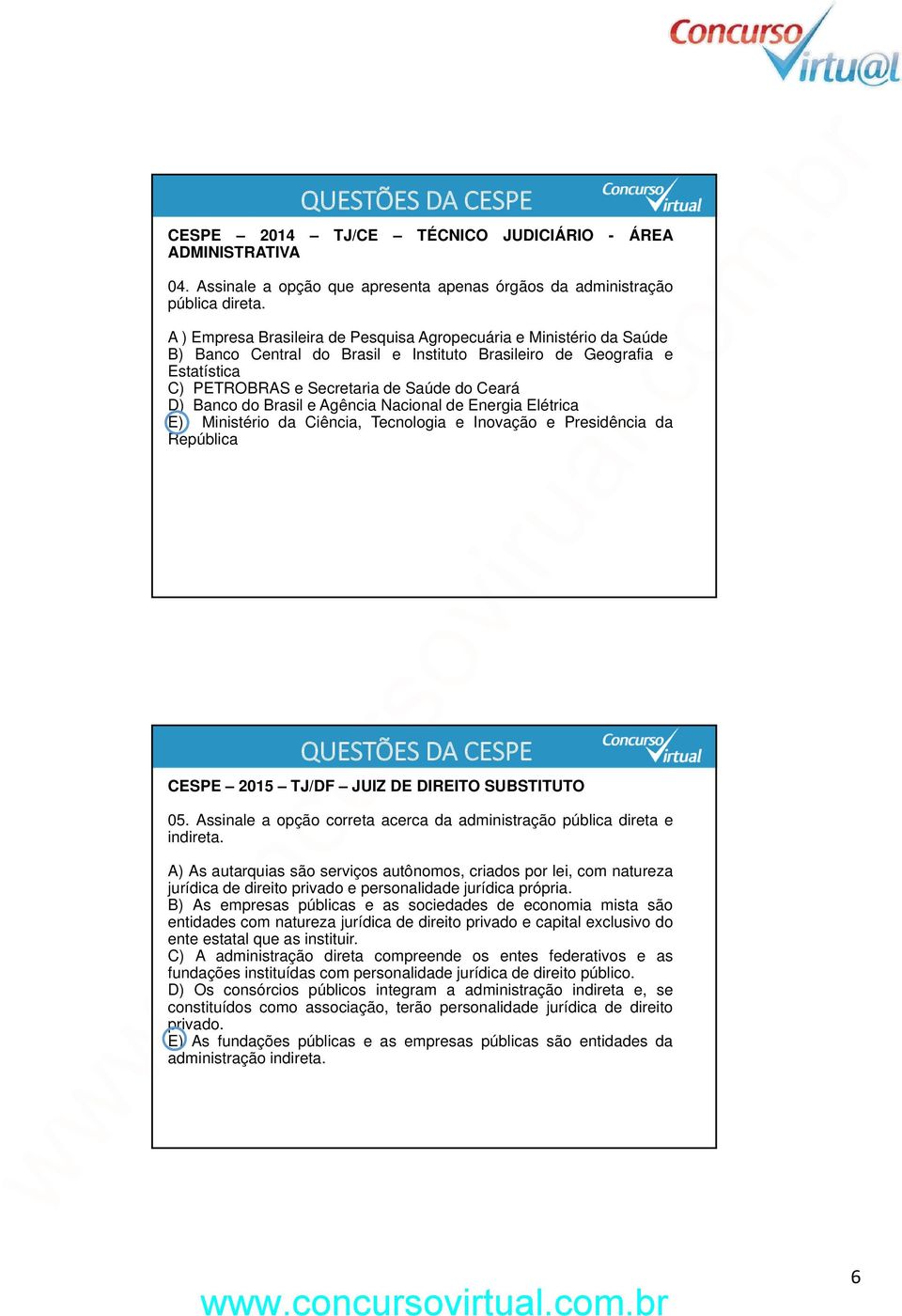 do Brasil e Agência Nacional de Energia Elétrica E) Ministério da Ciência, Tecnologia e Inovação e Presidência da República CESPE 2015 TJ/DF JUIZ DE DIREITO SUBSTITUTO 05.