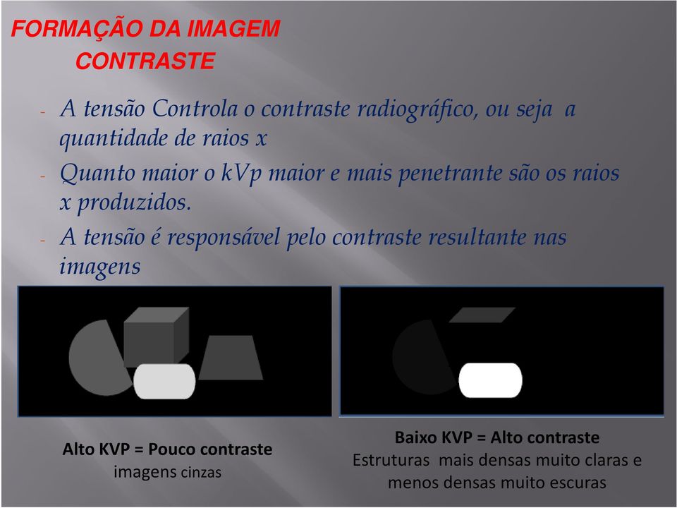- A tensão é responsável pelo contraste resultante nas imagens Alto KVP = Pouco contraste