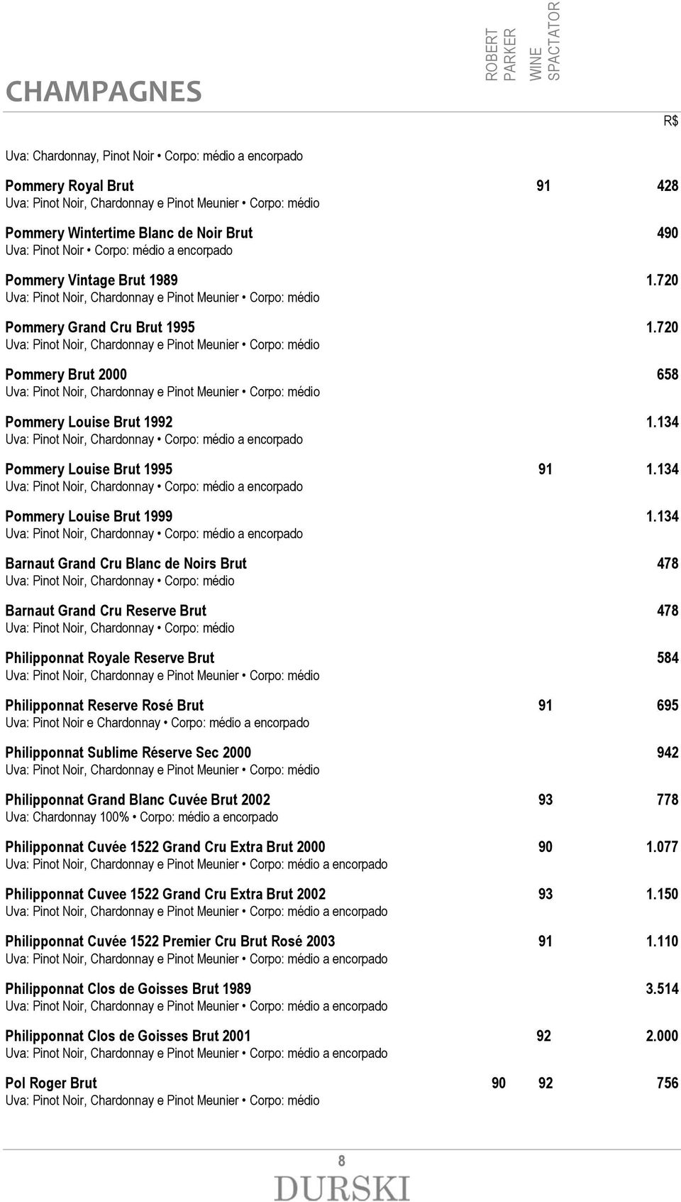 720 Uva: Pinot Noir, Chardonnay e Pinot Meunier Corpo: médio Pommery Brut 2000 658 Uva: Pinot Noir, Chardonnay e Pinot Meunier Corpo: médio Pommery Louise Brut 1992 1.