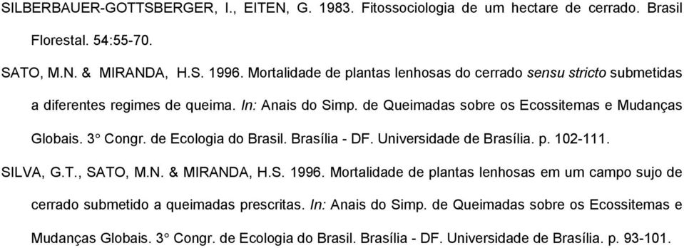 3 Congr. de Ecologia do Brasil. Brasília - DF. Universidade de Brasília. p. 102-111. SILVA, G.T., SATO, M.N. & MIRANDA, H.S. 1996.