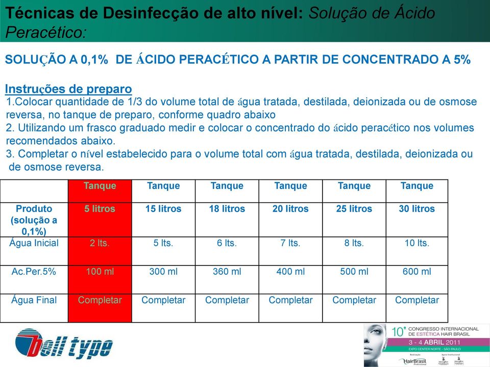 Utilizando um frasco graduado medir e colocar o concentrado do ácido peracético nos volumes recomendados abaixo. 3.