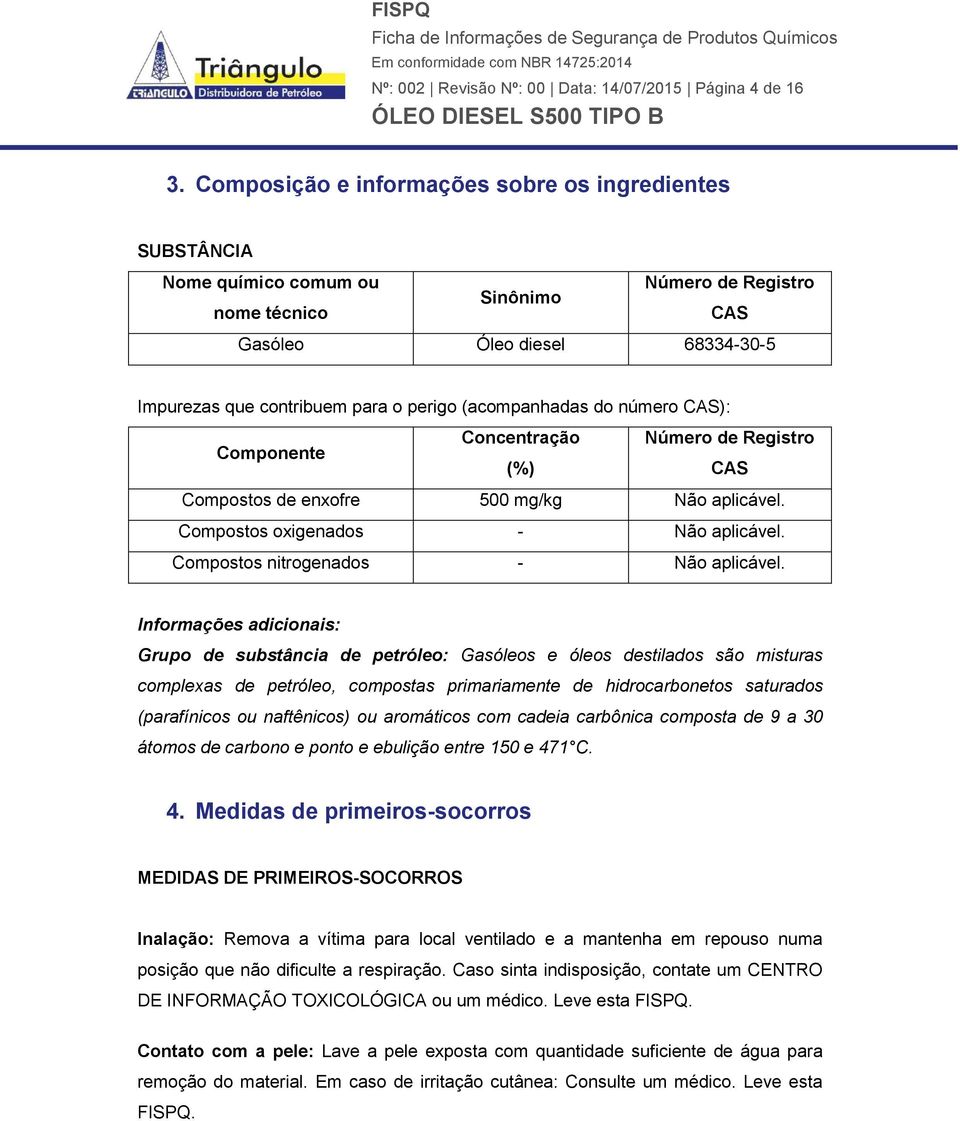 (acompanhadas do número CAS): Componente Concentração Número de Registro (%) CAS Compostos de enxofre 500 mg/kg Não aplicável. Compostos oxigenados - Não aplicável.