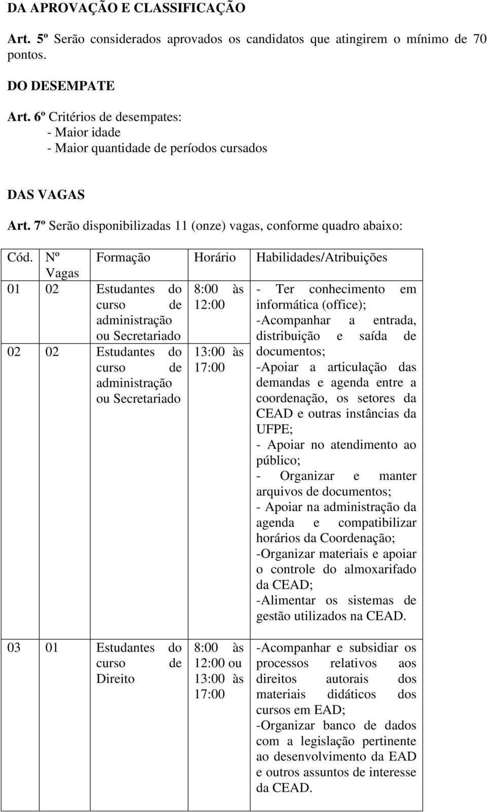 Nº Formação Horário Habilidades/Atribuições Vagas 01 02 Estudantes do - Ter conhecimento informática (office); administração -Acompanhar a entrada, ou Secretariado distribuição e saída de 02 02