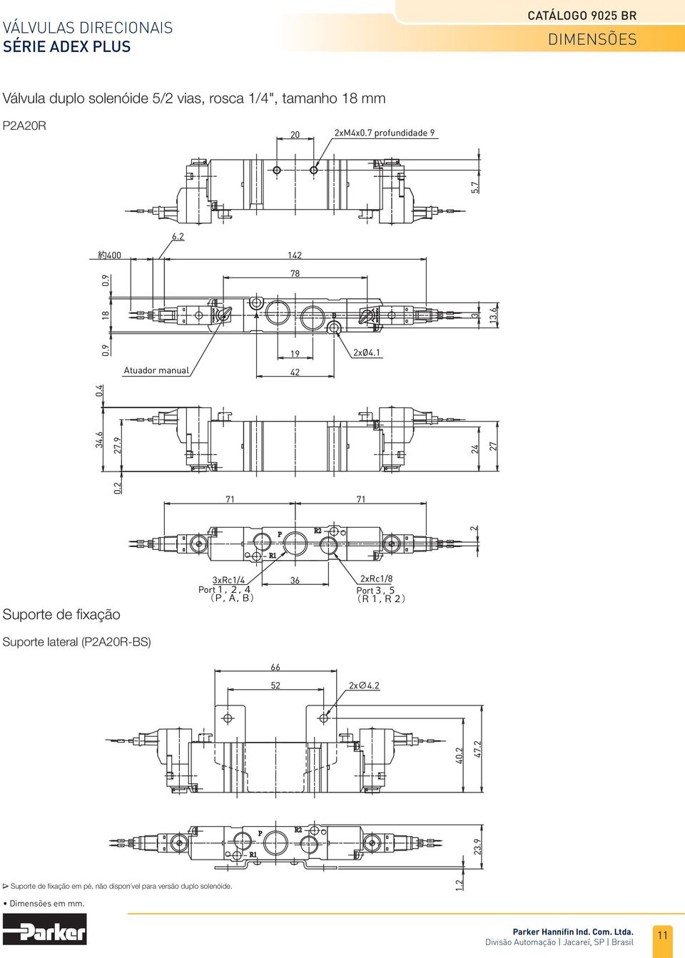 9 24 27 71 71 2 Suporte de fixação 3xRc1/4 Port1,2,4 (P,A,B) 36 2xRc1/8 Port3,5 (R1,R2) Suporte lateral