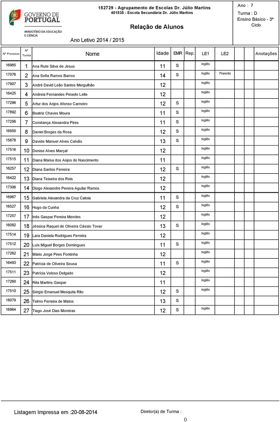 Diana Santos Ferreira S 16422 Diana Teixeira dos Reis 06 14 Diogo Alexandre Pereira Aguilar Ramos 1696 15 Gabriela Alexandra da Cruz Catoia S 1652 16 Hugo da Cunha S 125 1 Inês Gaspar Pereira Mendes