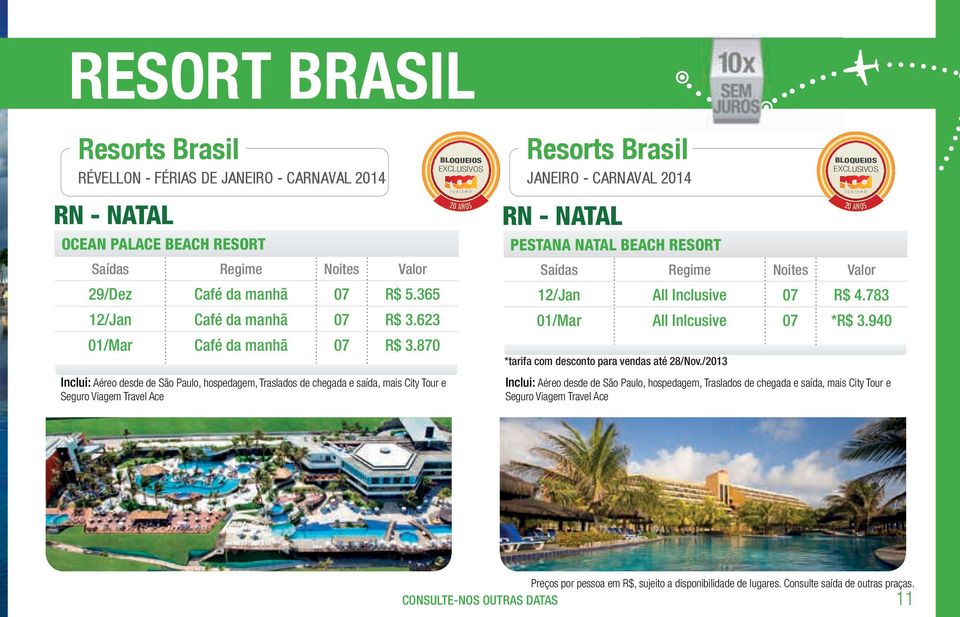 870 Inclui: Aéreo desde de São Paulo, hospedagem, Traslados de chegada e saída, mais City Tour e Seguro Viagem Travel Ace BLOQUEIOS EXCLUSIVOS 20 ANOS Resorts Brasil JanEiro - carnaval 2014 Rn -