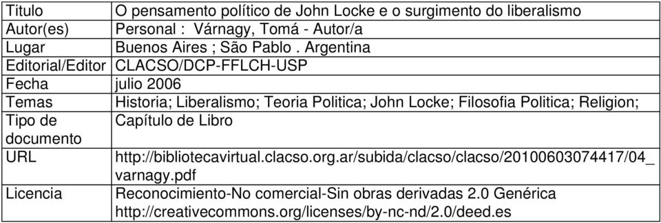 Argentina Editorial/Editor CLACSO/DCP-FFLCH-USP Fecha julio 2006 Temas Historia; Liberalismo; Teoria Politica; John Locke; Filosofia