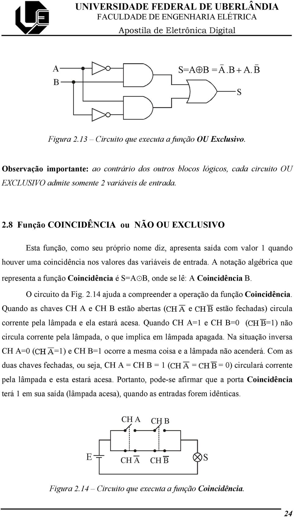 variáveis de entrada. 2.8 Função COINCIDÊNCI ou NÃO OU EXCLUIVO Esta função, como seu próprio nome diz, apresenta saída com valor 1 quando houver uma coincidência nos valores das variáveis de entrada.