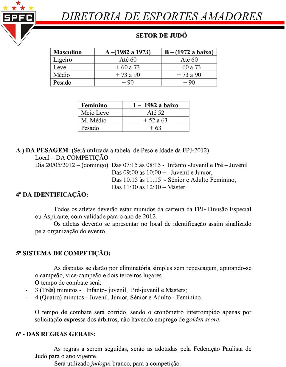 09:00 às 10:00 Juvenil e Junior, Das 10:15 às 11:15 - Sênior e Adulto Feminino; Das 11:30 às 12:30 Máster.