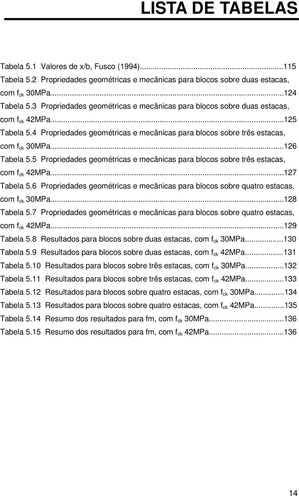 5 Propriedades geométricas e mecânicas para blocos sobre três estacas, com f ck 42MPa...127 Tabela 5.6 Propriedades geométricas e mecânicas para blocos sobre quatro estacas, com f ck 30MPa.