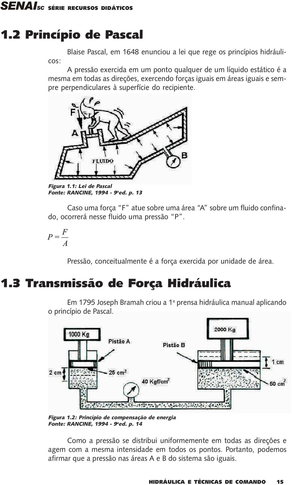 Pressão, conceitualmente é a força exercida por unidade de área. 1.3 Transmissão de Força Hidráulica Em 1795 Joseph Bramah criou a 1 a prensa hidráulica manual aplicando o princípio de Pascal.