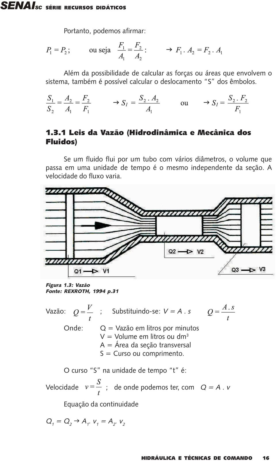 seção. A velocidade do fluxo varia. Figura 1.3: Vazão Fonte: REXROTH, 1994 p.31 Vazão: ; Substituindo-se: V = A.