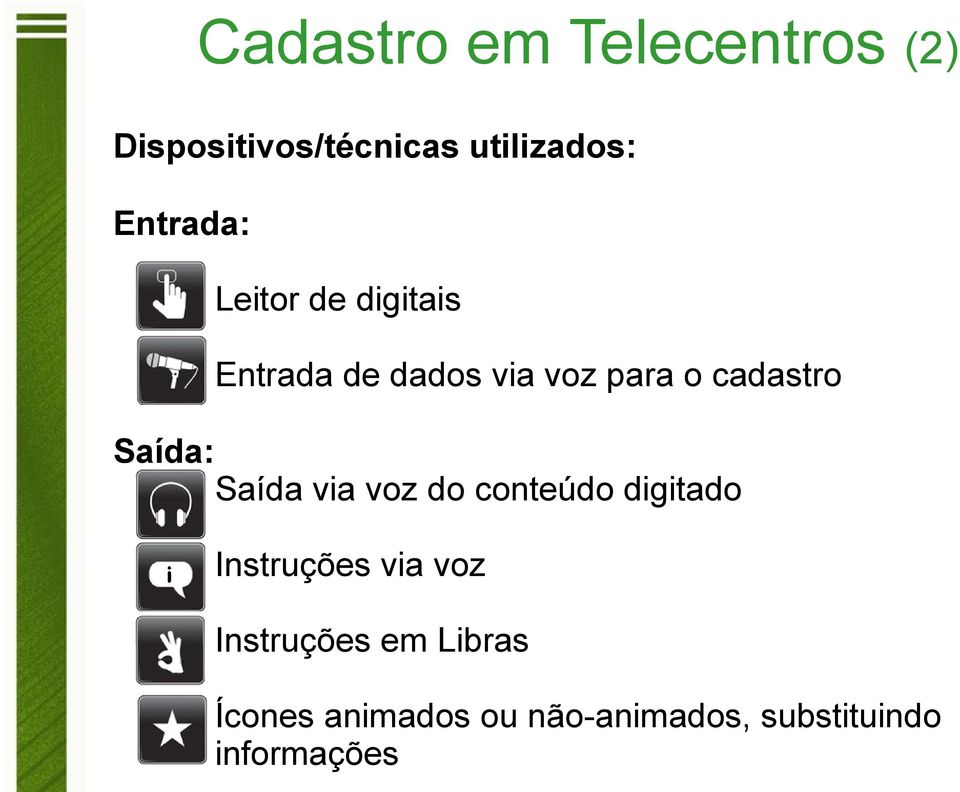 cadastro Saída: Saída via voz do conteúdo digitado Instruções via