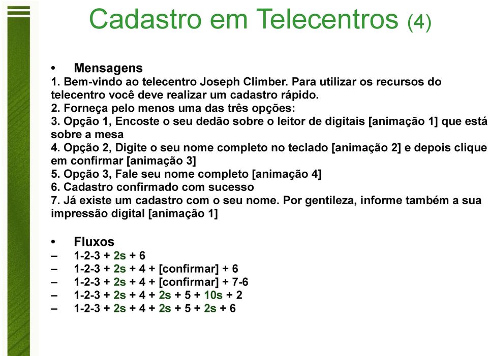 Opção 2, Digite o seu nome completo no teclado [animação 2] e depois clique em confirmar [animação 3] 5. Opção 3, Fale seu nome completo [animação 4] 6. Cadastro confirmado com sucesso 7.