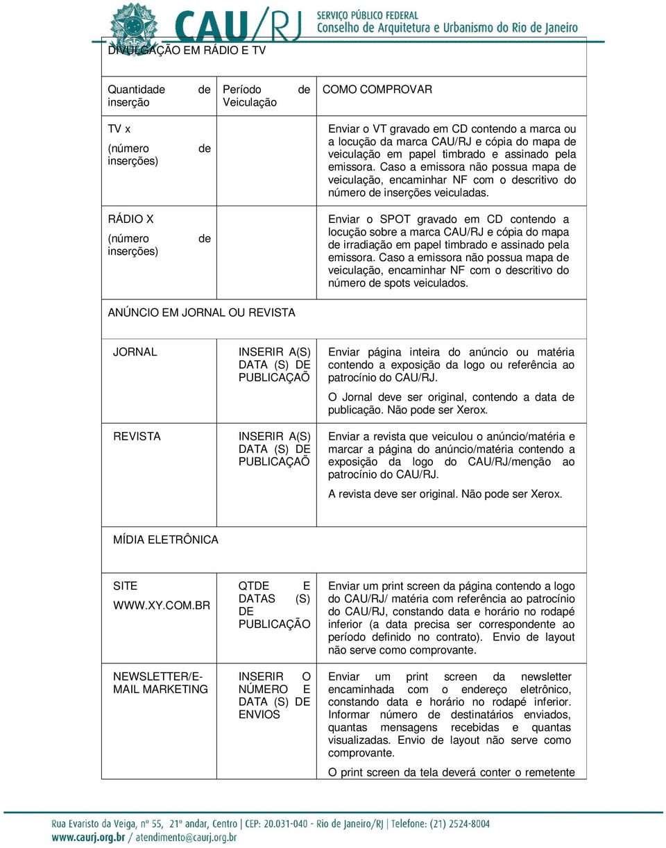 RÁDIO X (número inserções) de Enviar o SPOT gravado em CD contendo a locução sobre a marca CAU/RJ e cópia do mapa de irradiação em papel timbrado e assinado pela emissora.