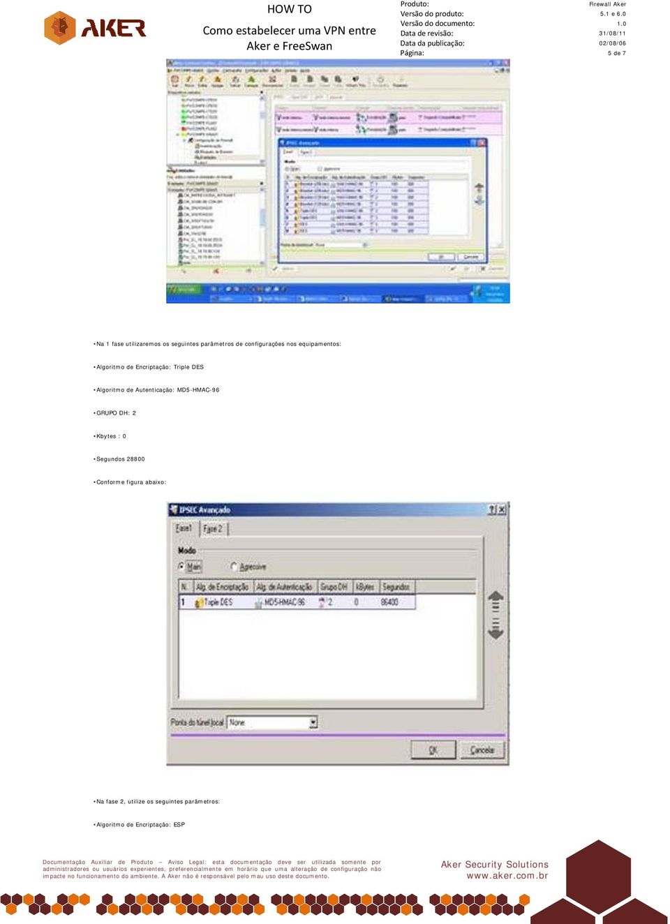 Autenticação: MD5-HMAC-96 GRUPO DH: 2 Kbytes : 0 Segundos 28800 Conforme