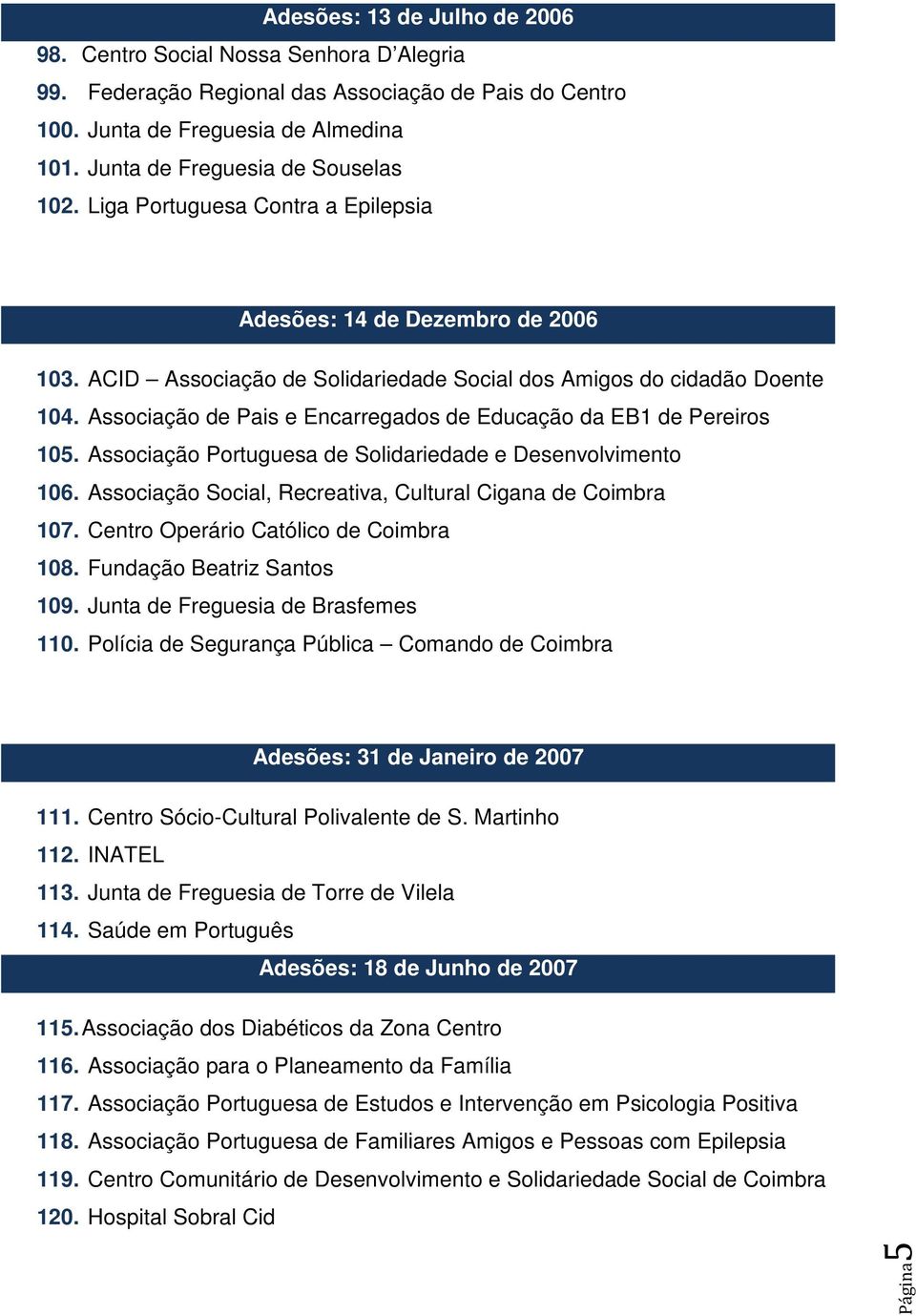 Associação de Pais e Encarregados de Educação da EB1 de Pereiros 105. Associação Portuguesa de Solidariedade e Desenvolvimento 106. Associação Social, Recreativa, Cultural Cigana de Coimbra 107.