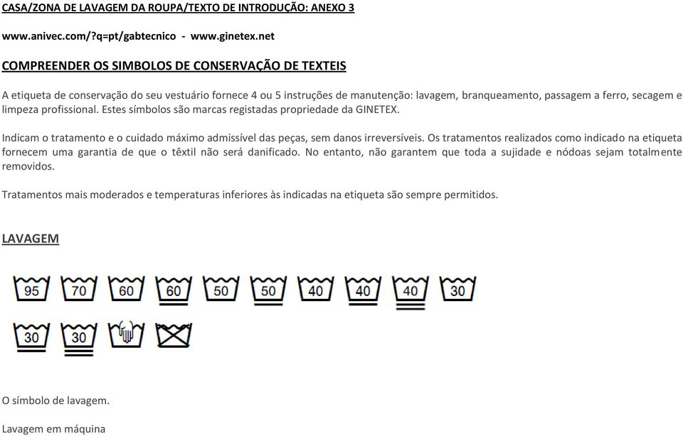 profissional. Estes símbolos são marcas registadas propriedade da GINETEX. Indicam o tratamento e o cuidado máximo admissível das peças, sem danos irreversíveis.