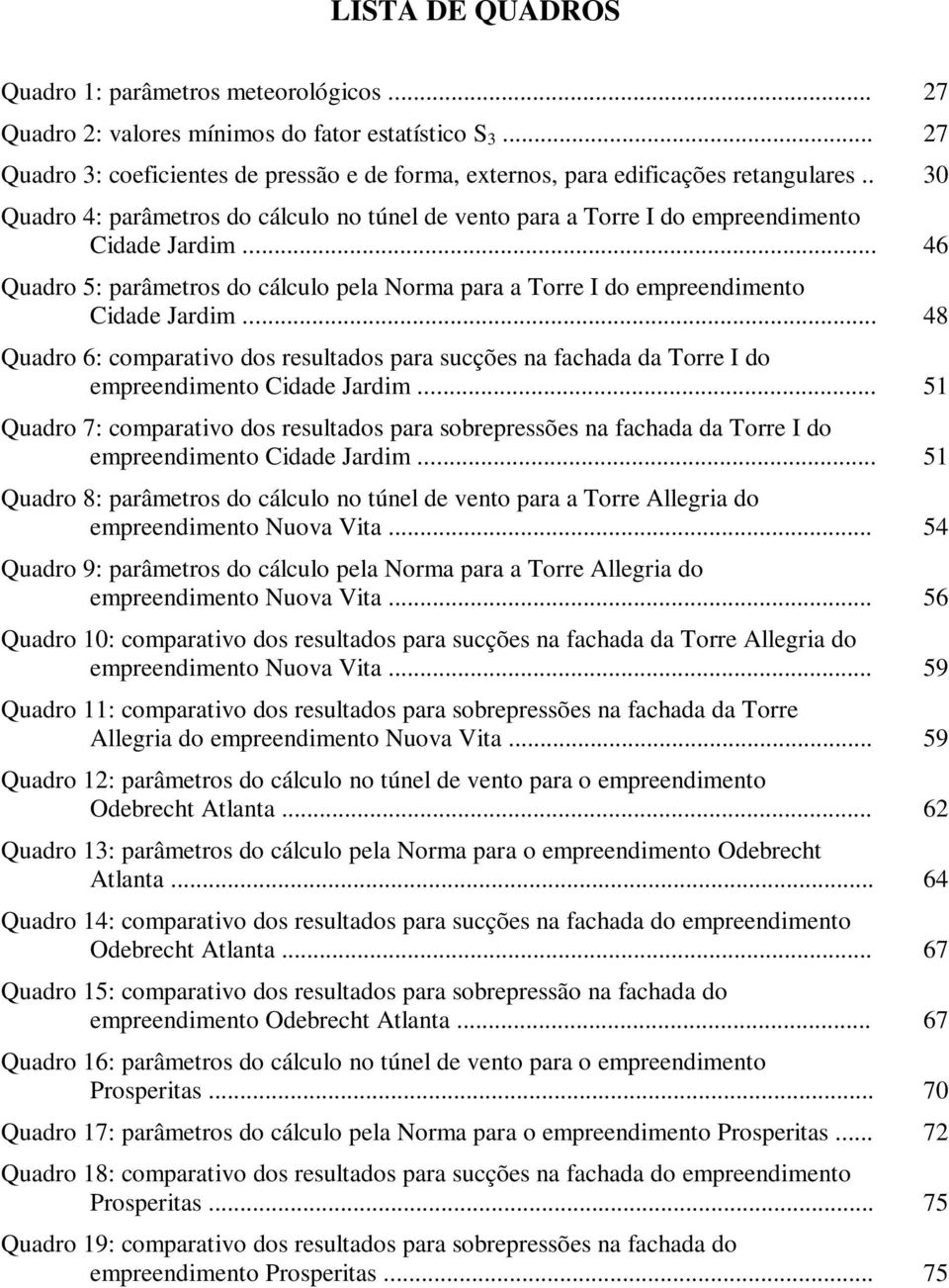 .. 48 Quadro 6: comparativo dos resultados para sucções na fachada da Torre I do empreendimento Cidade Jardim.