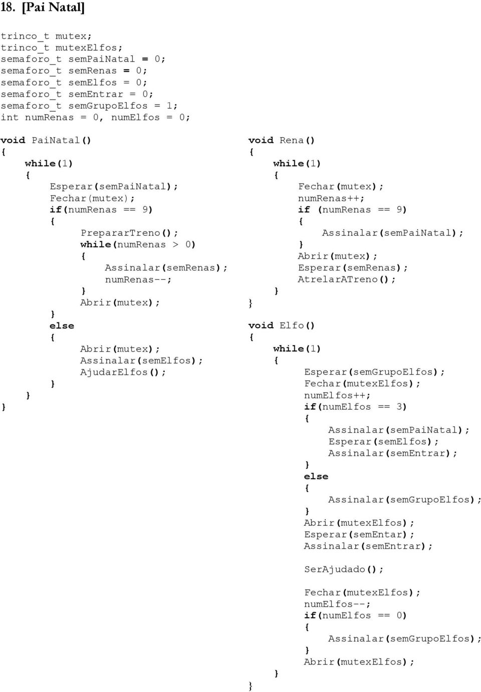 void Rena() Fechar(mutex); numrenas++; if (numrenas == 9) Assinalar(semPaiNatal); Esperar(semRenas); AtrelarATreno(); void Elfo() Esperar(semGrupoElfos); Fechar(mutexElfos); numelfos++; if(numelfos