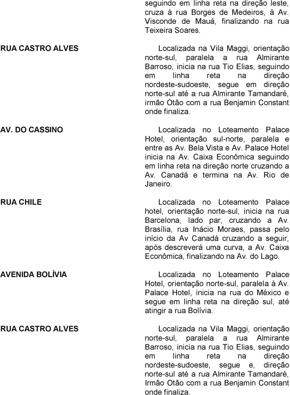 norte-sul até a rua Almirante Tamandaré, irmão Otão com a rua Benjamin Constant onde finaliza. Hotel, orientação sul-norte, paralela e entre as Av. Bela Vista e Av. Palace Hotel inicia na Av.