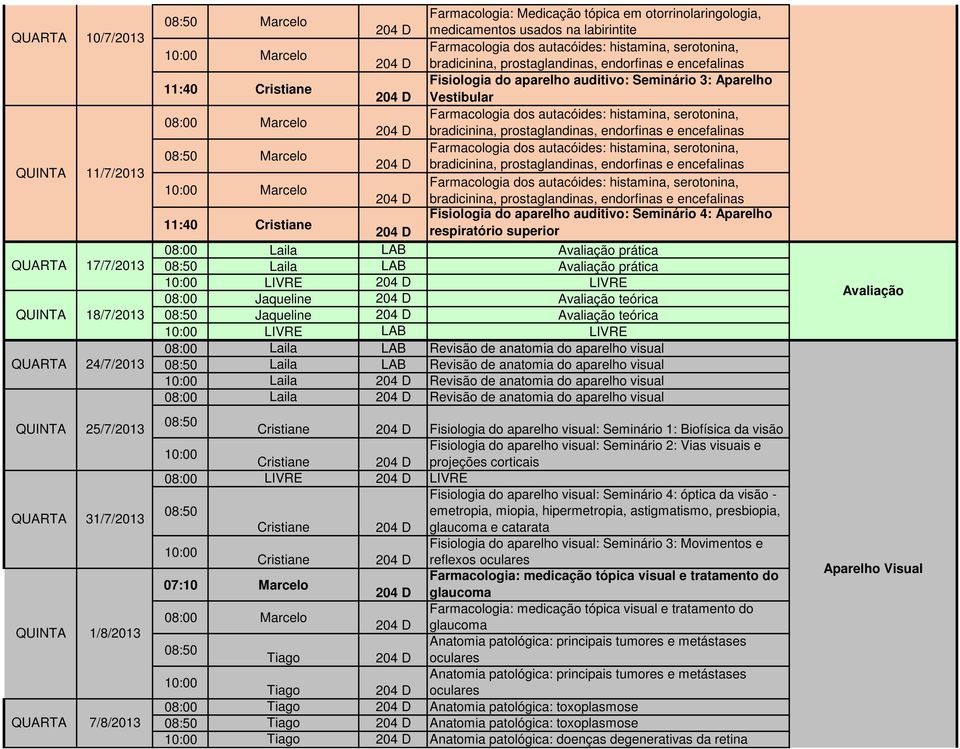 respiratório superior 08:00 Laila LAB Avaliação prática Laila LAB Avaliação prática 08:00 Jaqueline 204 D Avaliação teórica Jaqueline 204 D Avaliação teórica LIVRE LAB LIVRE 08:00 Laila LAB Revisão