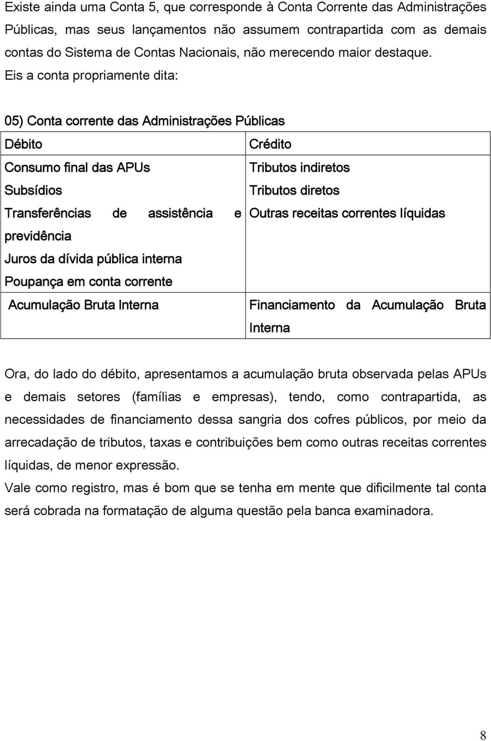 Eis a conta propriamente dita: 05) Conta corrente das Administrações Públicas Débito Crédito Consumo final das APUs Subsídios Tributos indiretos Tributos diretos Transferências de assistência e